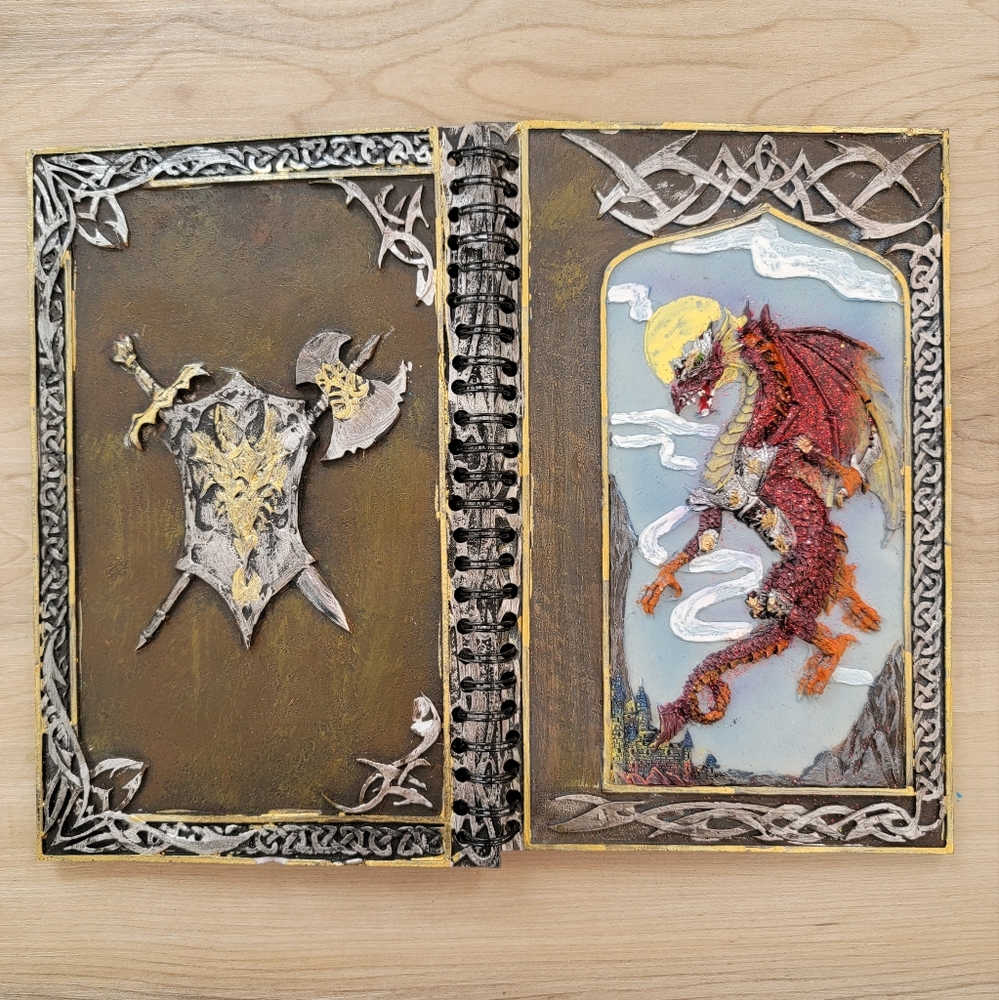 Blank notebook medieval look with sculpted dragon - hard covers, handpainted